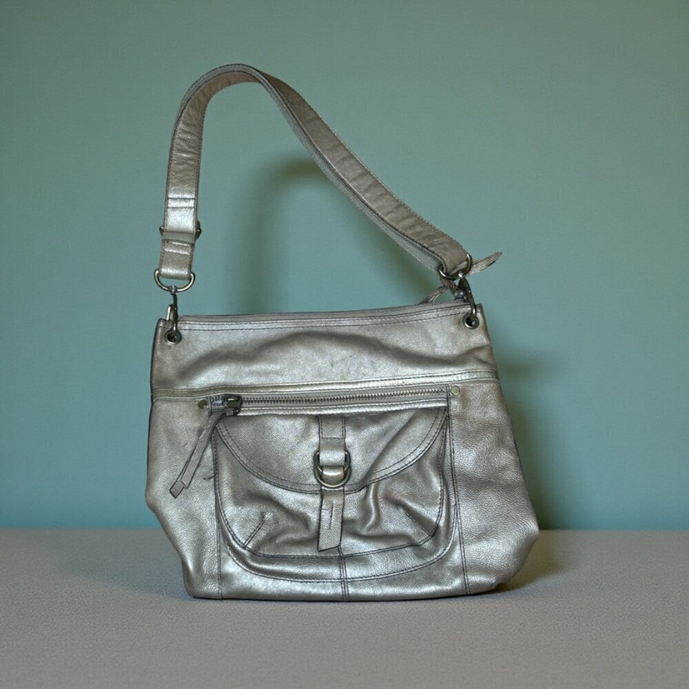 Fossil Vintage Gold Metallic Leather Shoulder Bag Satchel Purse